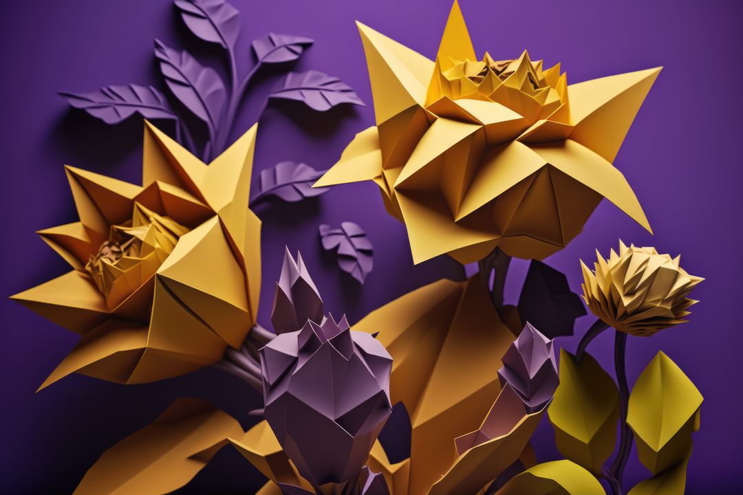 Image of colourful origami flowers on purple background, created using generative ai technology - Free Images, Stock Photos and Pictures on Pikwizard.com