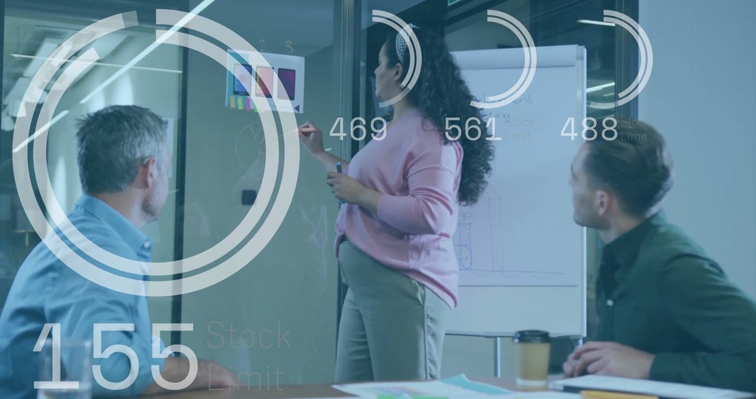 Diverse Team Analyzing Data in Meeting with Futuristic Interface