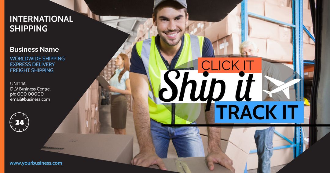 Smiling Delivery Worker in Warehouse Promoting Logistics Efficiency