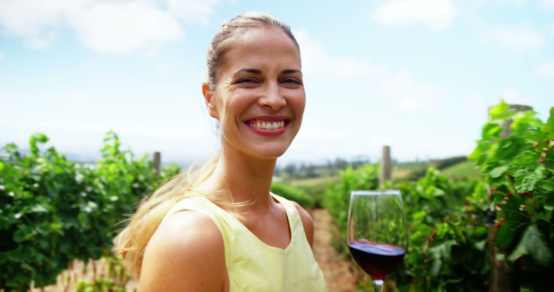 Pretty woman smiling and smelling red wine on a vineyard - Free Images, Stock Photos and Pictures on Pikwizard.com