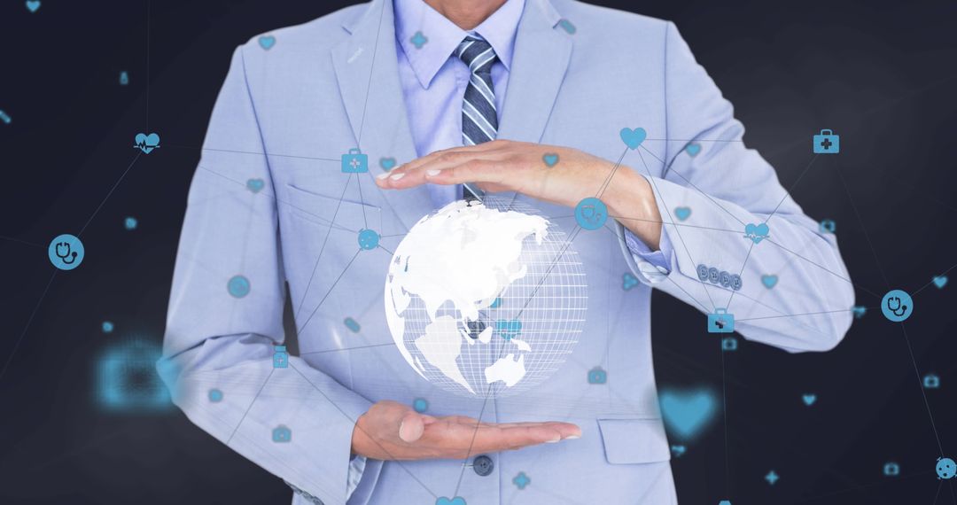 Businessman Holding Digital Globe with Connected Network Dots