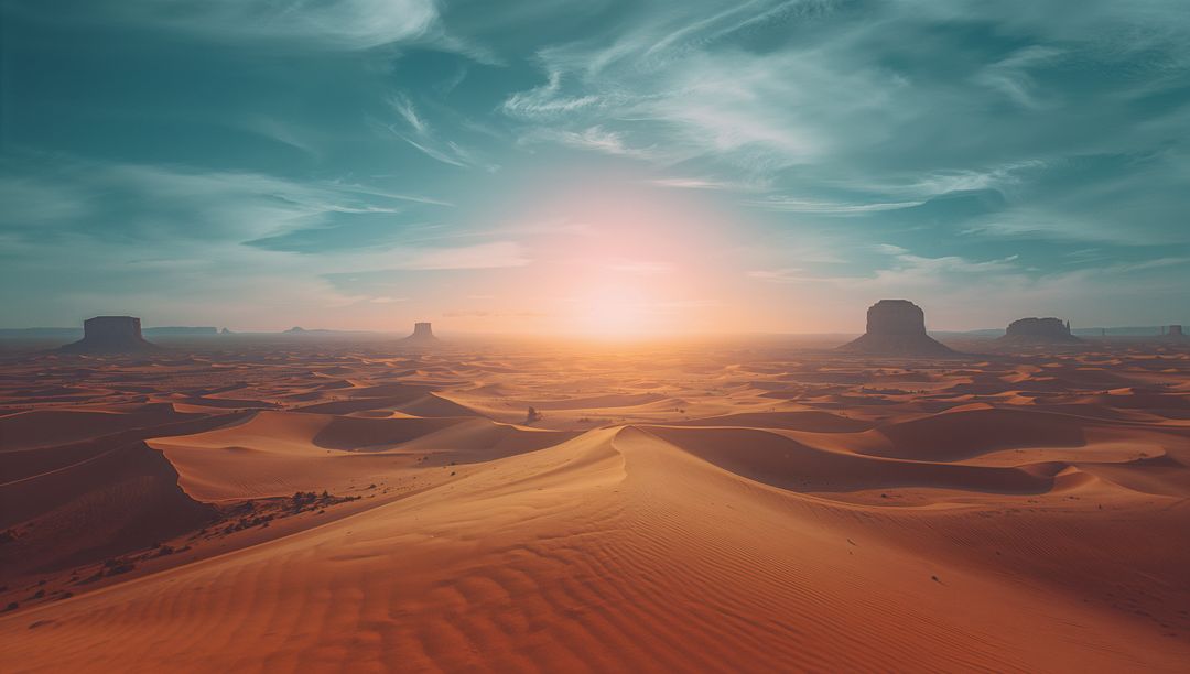 Vast Desert Dunes under Vibrant Sunrise Sky with Distant Buttes