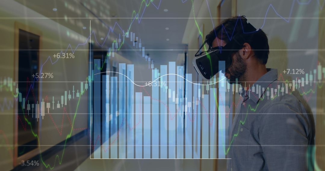 Caucasian Man Engaging with Virtual Data via VR Headset