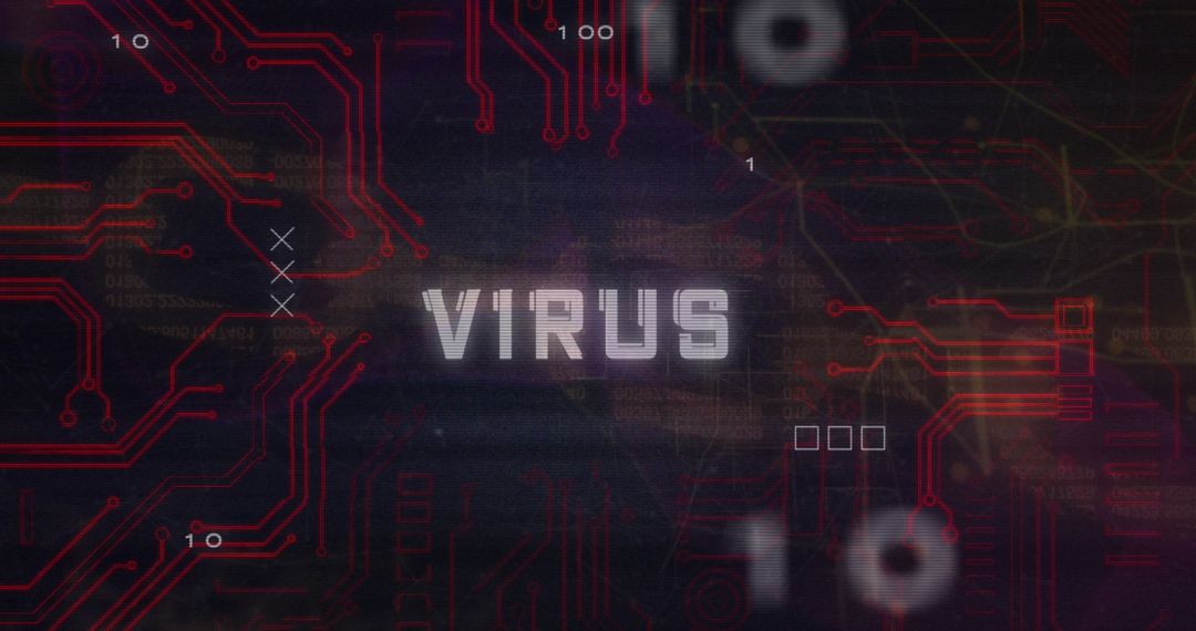Stylized Virus Text on Hacking Interface with Red Circuits