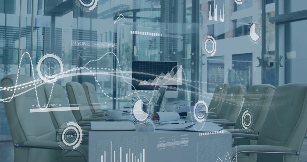 Futuristic Business Office with Digital Analytics Interface