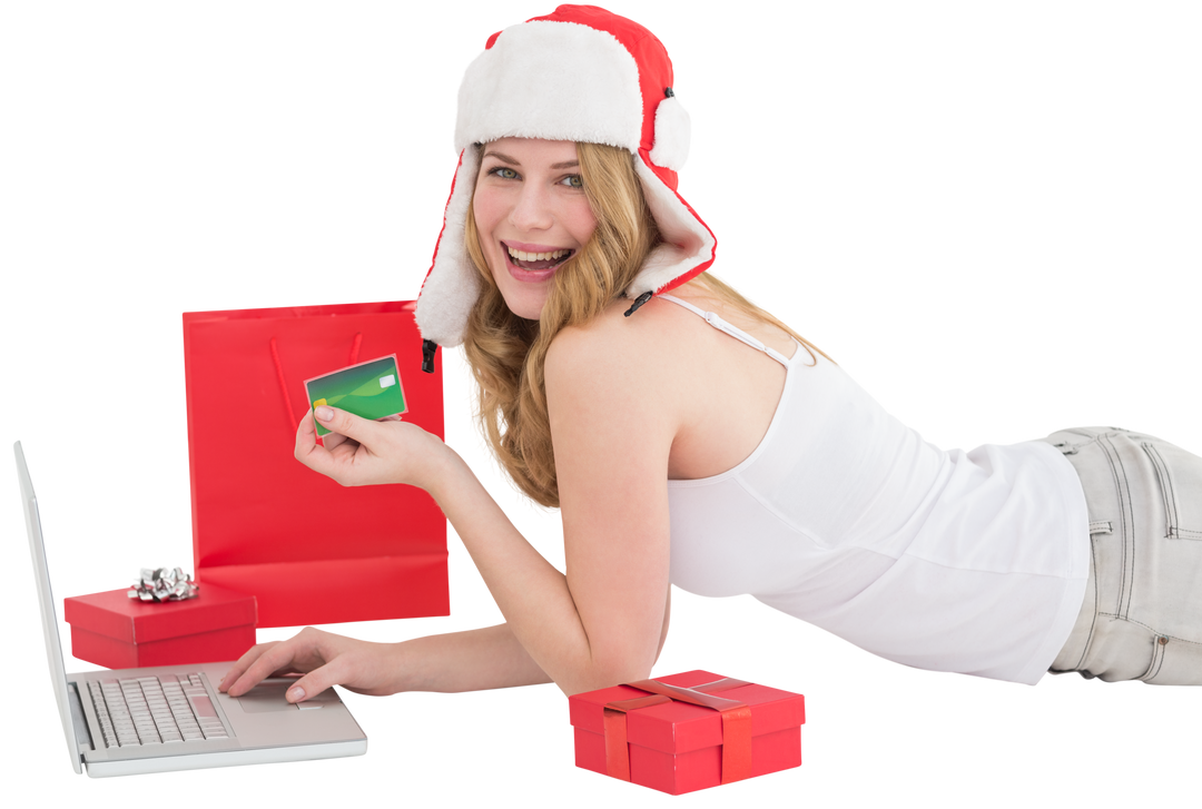 Happy Woman in Santa Hat Making Online Christmas Purchase with Laptop and Credit Card Transparent - Download Free Stock Images Pikwizard.com