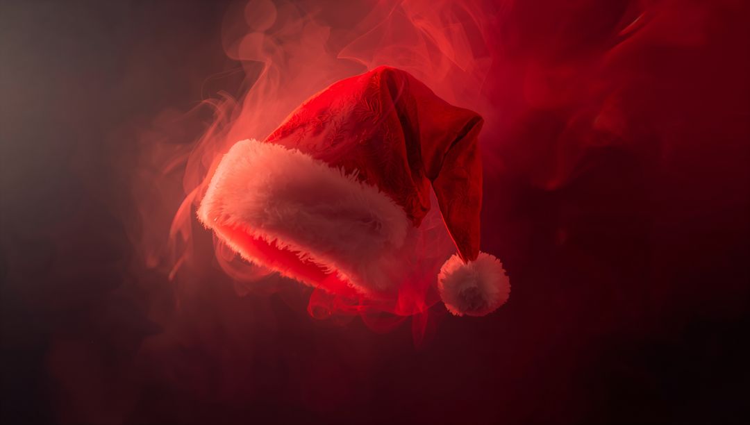 Floating Santa Hat Glowing in Smoky Red Light with Velvet Fur Trim and Pom-Pom