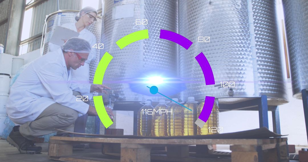 Refinery Workers with Data Overlay and Speedometer Graphic