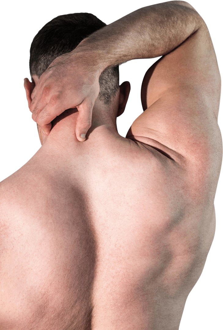 Transparent View Strong Bodybuilder Experiencing Neck Pain Relaxation
