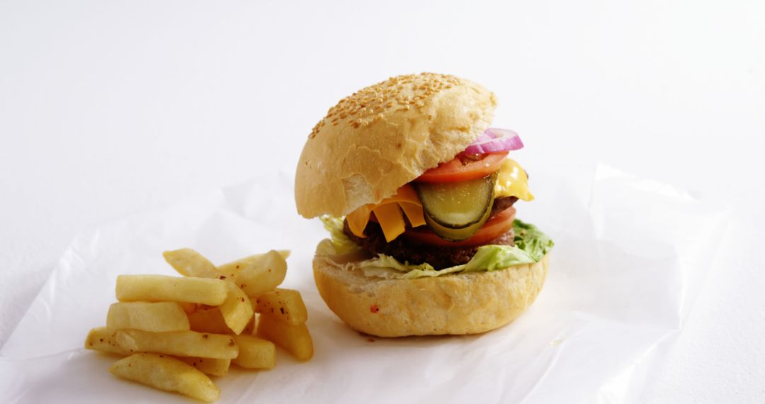 Delicious Cheeseburger with Fries on White Background - Free Images, Stock Photos and Pictures on Pikwizard.com