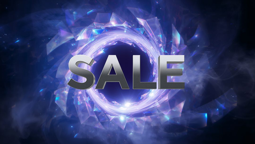 Futuristic SALE Text Hovering Over Neon Crystalline Vortex With Metallic Chrome Letters