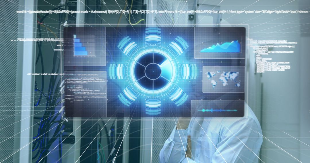 IT Technician Analyzing Data on Virtual Display