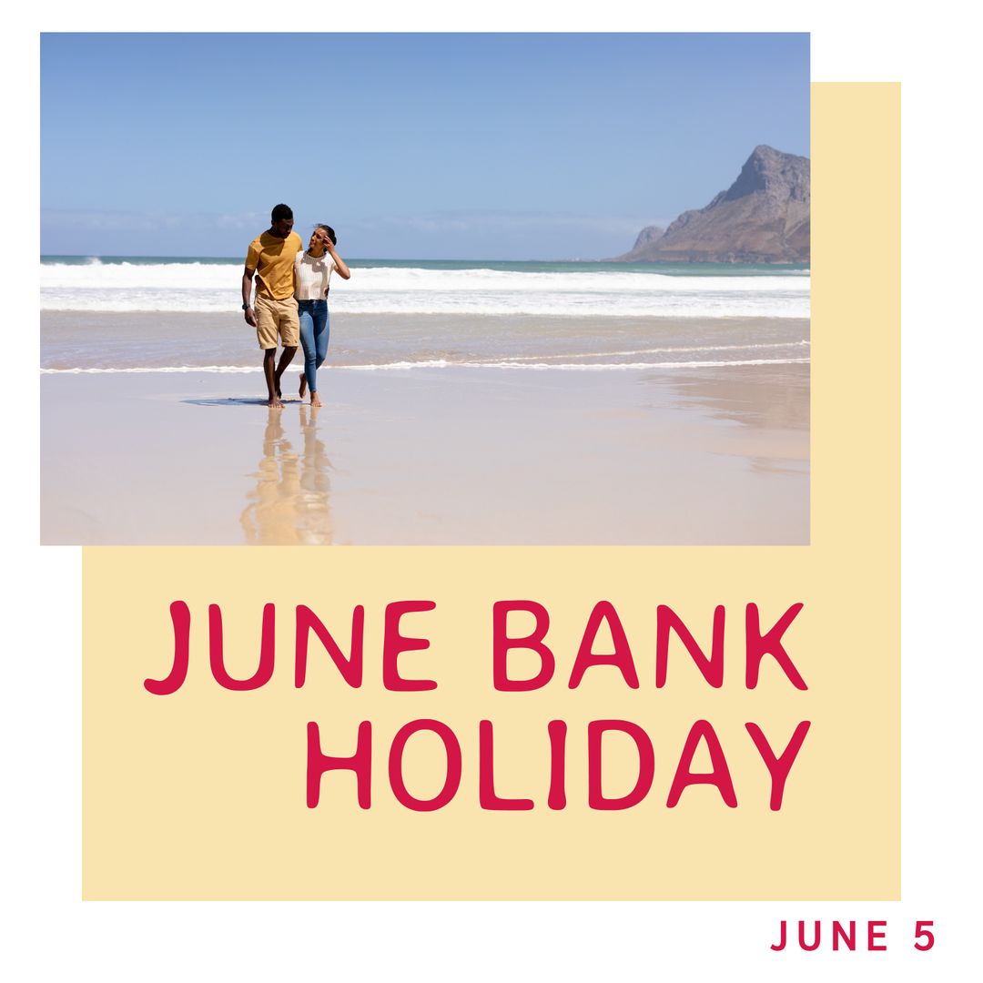 Joyful Couple Strolling on Beach During June Bank Holiday