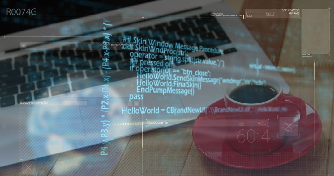 Digital Data Processing Laptop and Coffee in Business Environment