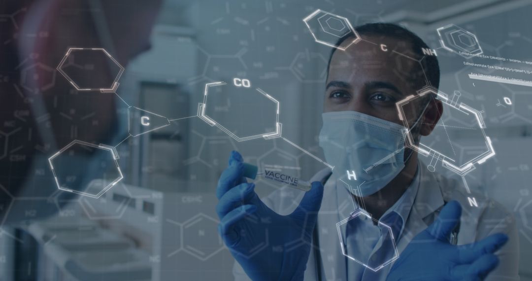 Doctor Analyzing Vaccine with Digital Molecular Structures Overlay
