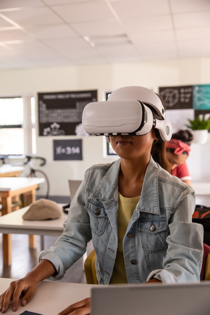 Middle School Student Using VR Headset in Classroom for Immersive STEM Learning