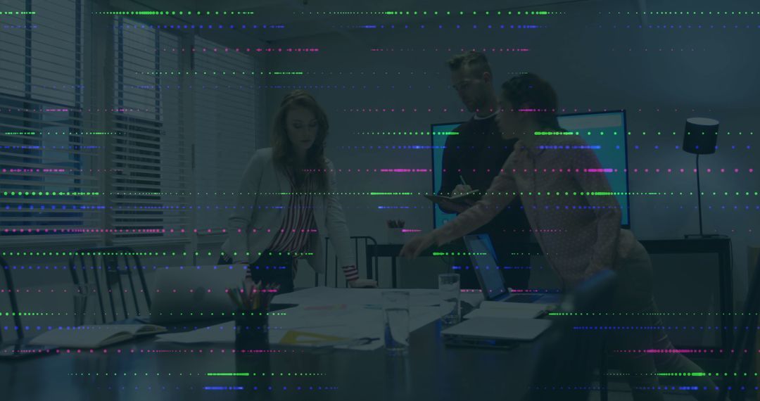 Collaborating Business Team at Table with Technology Overlay