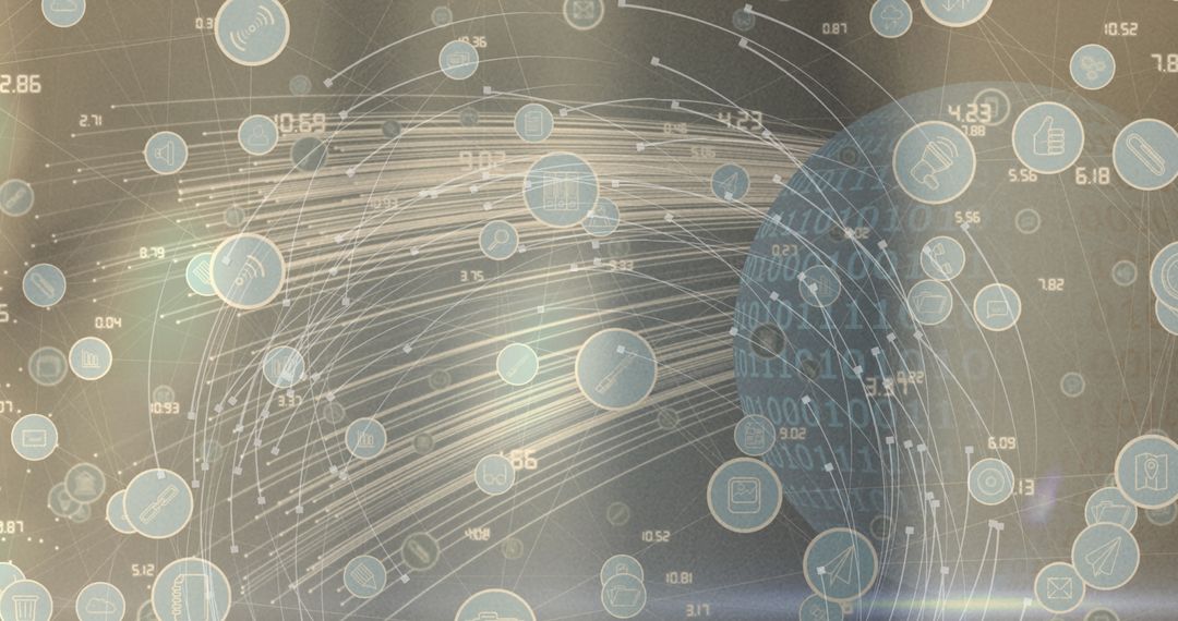 Futuristic Digital Icons with Light Trails on Globe Interface