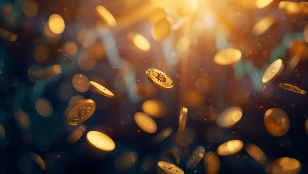 Spinning Golden Bitcoin Coins Falling in Dark Blue Bokeh with Warm Lens Flare