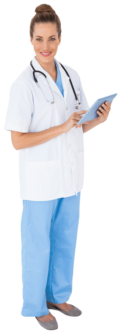 Transparent Image of Nurse Using Tablet in Uniform and Stethoscope