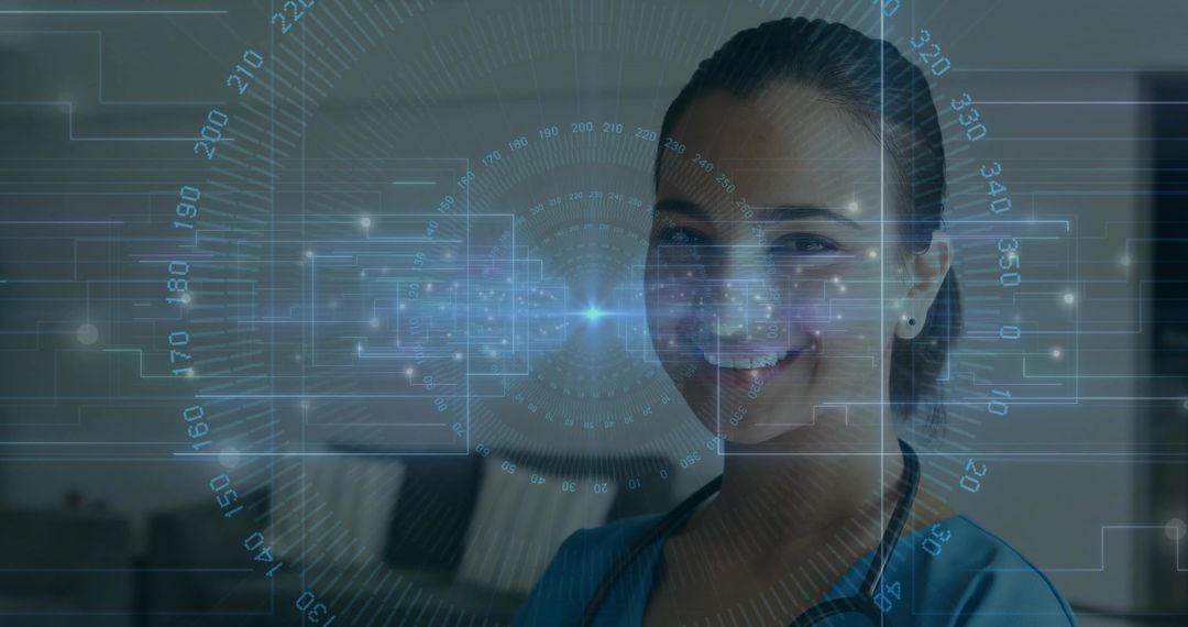 Smiling Nurse with Futuristic HUD Interface in Clinic Lounge