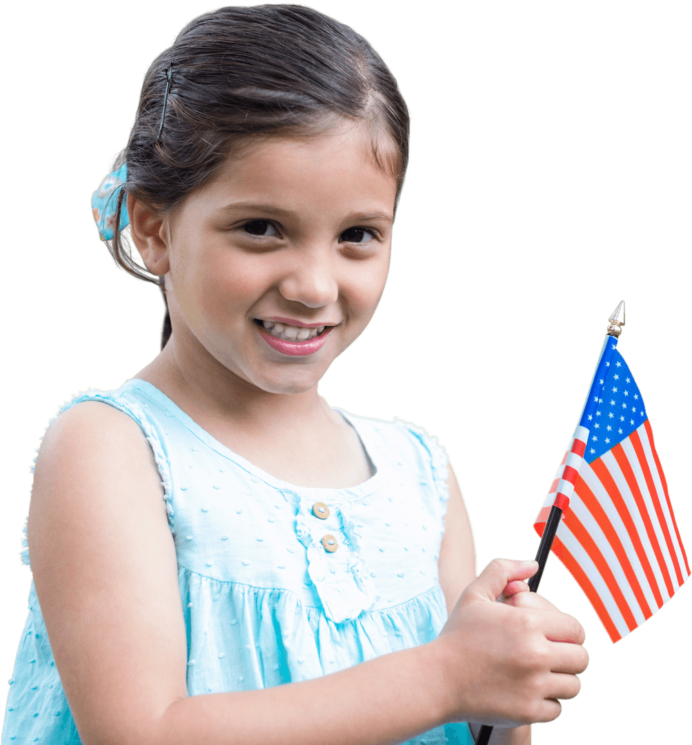 Smiling Girl Waving American Flag on Transparent Background