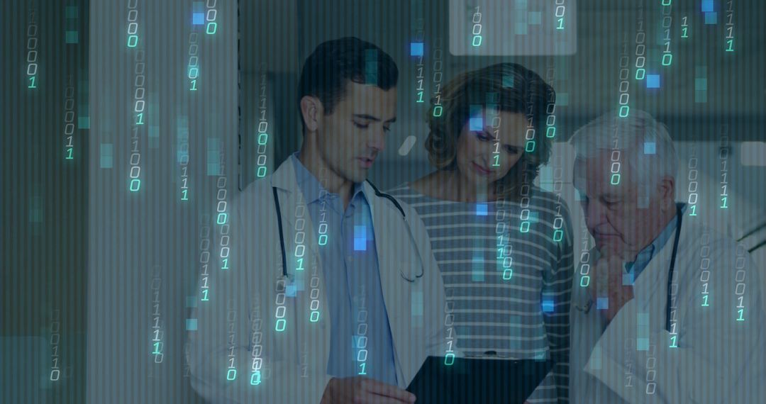 Medical Team Analyzing Data Overlay in Hospital Corridor