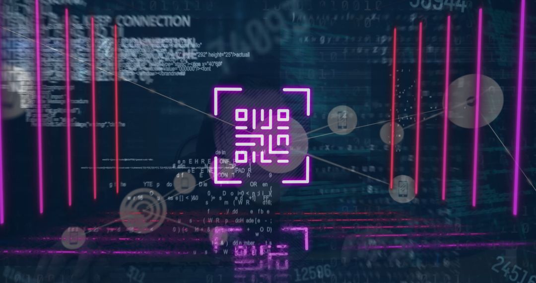 Futuristic Network with Neon QR Graphic and Data Nodes