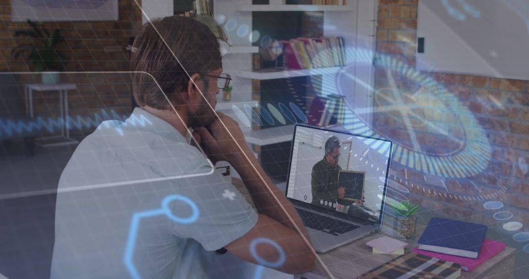Businessman Using Laptop with Digital Data Overlay