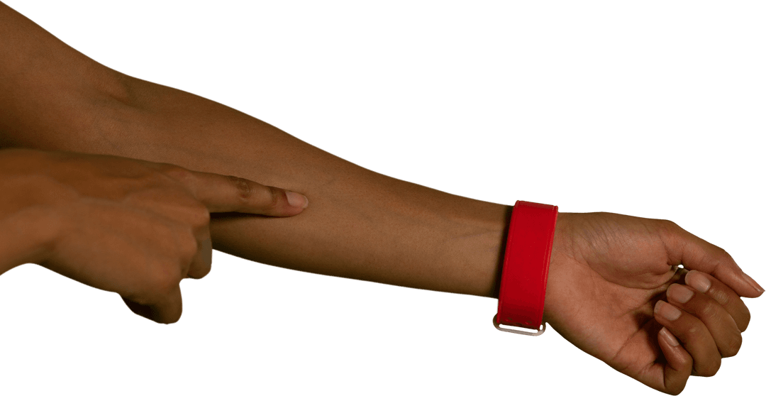 Transparent Red Wristband on Arm with Finger Pointing Gesture