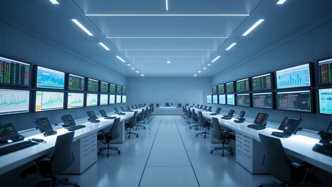 Futuristic Operations Center with Monitors and Desks