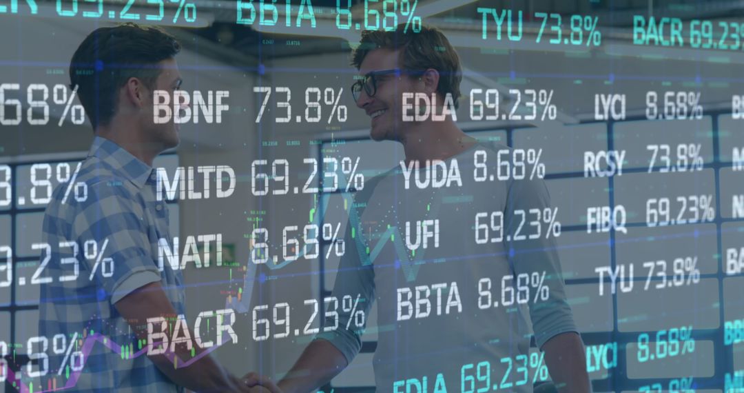 Businessmen Handshake with Financial Data Overlay Illustrating Market Transactions