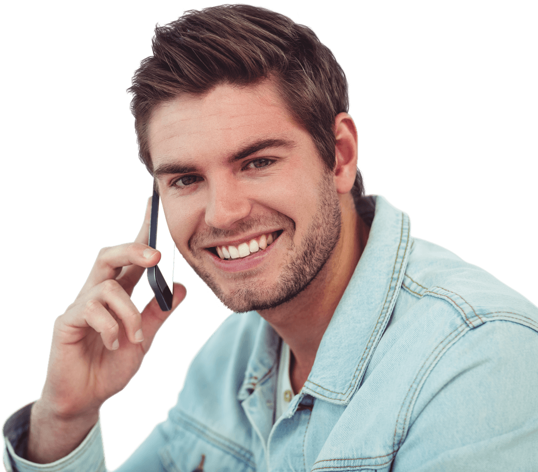 Smiling Man Taking Call on Smartphone in Transparent Cutout