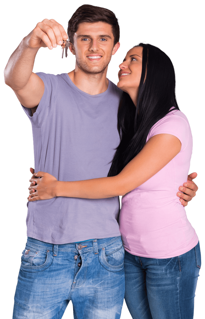 Young Happy Couple Celebrating New Home with Keys on Transparent Background
