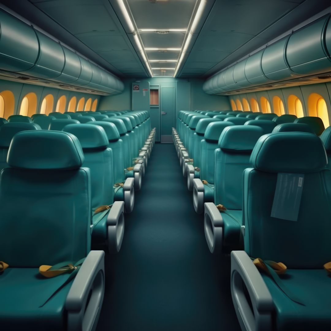 Interior of airplane with empty blue seats, created using generative ai technology - Free Images, Stock Photos and Pictures on Pikwizard.com