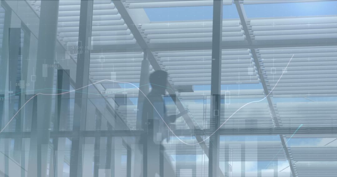 Business Professional Analyzing Data in Modern Office with Digital Overlay