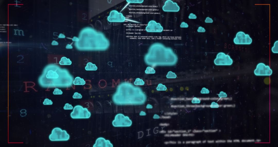 Glowing Cloud Icons with Code Representing Digital Security Concept
