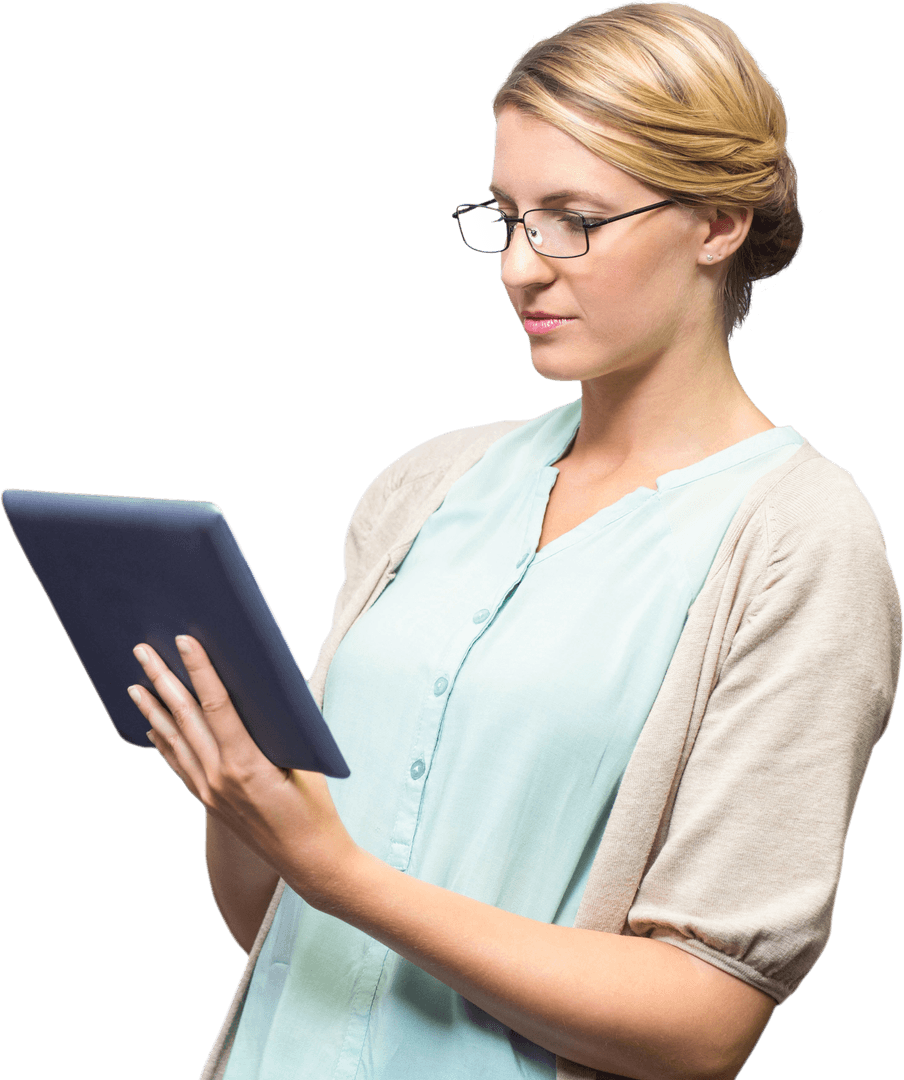Professional Woman Using Tablet with Transparent Background