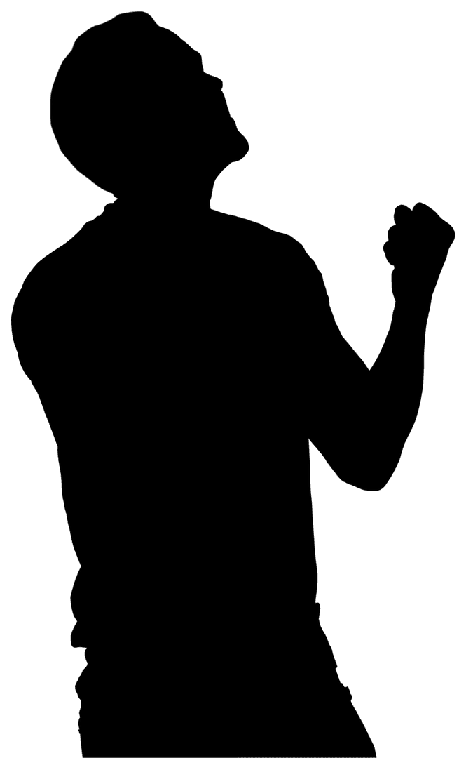 Silhouette of a Confident Man Raising Hands on Transparent Background