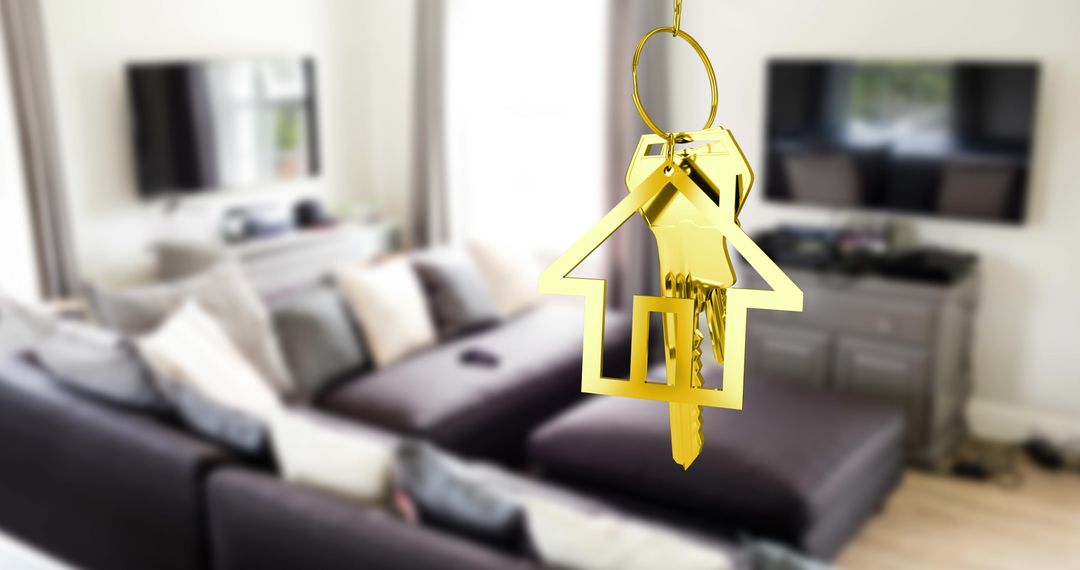 Golden Key with House Keychain Against Modern Living Room Interior - Free Images, Stock Photos and Pictures on Pikwizard.com