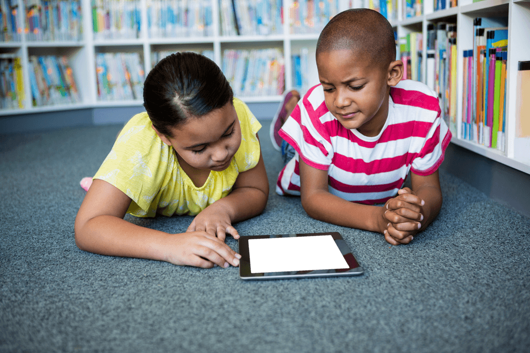 Children Engaged with Tablet on Transparent Background in Library