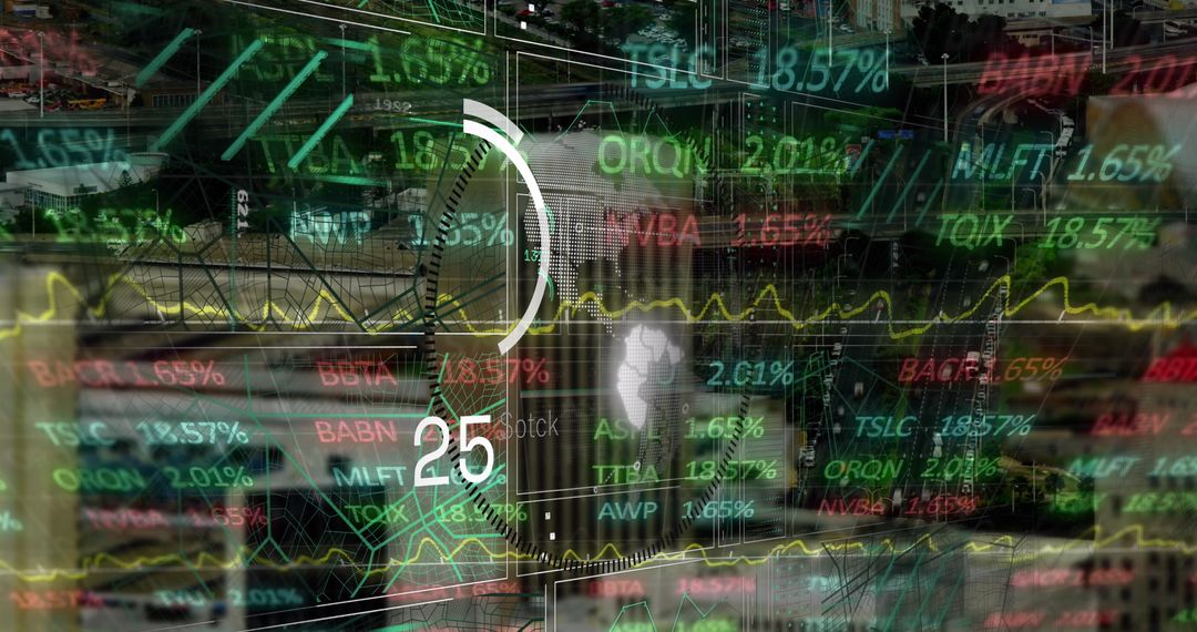 Digital Stock Market Display Over Urban Cityscape