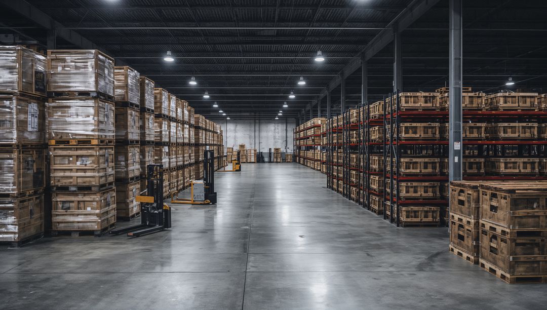 Spacious industrial warehouse aisle featuring stacked wooden crates, pallet jacks, high racking