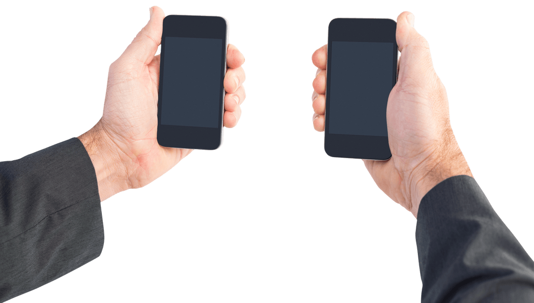 Businessman Holding Transparent Mobile Devices in Each Hand