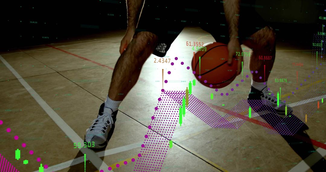 Basketball Player Dribbling with Charts in Gym for Sports and Analytics Concept