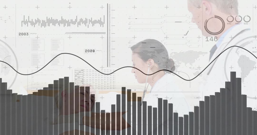 Doctors Analyzing Digital Data with Futuristic Interface Overlay