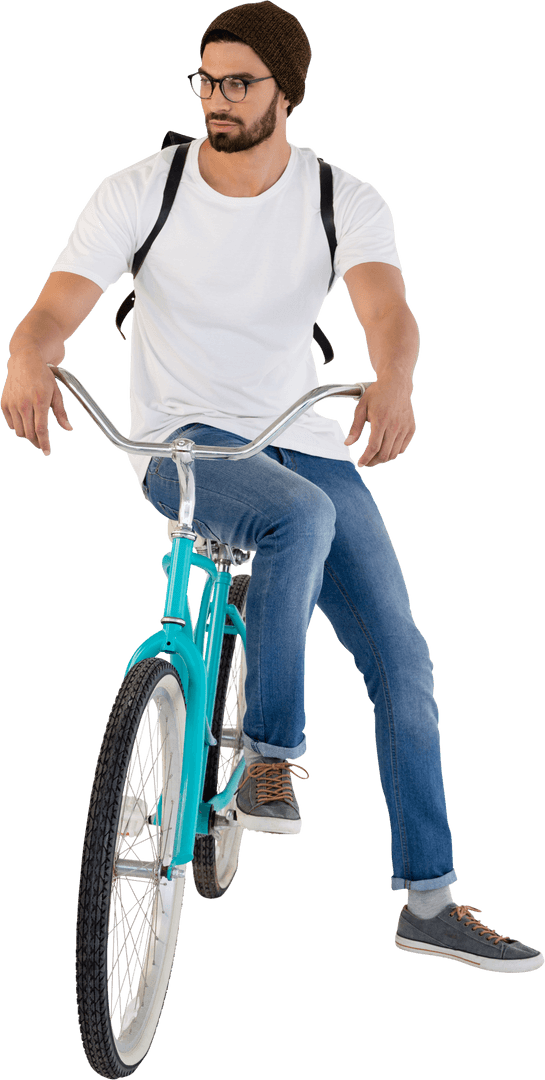 Transparent Image Man Resting on Blue Bicycle