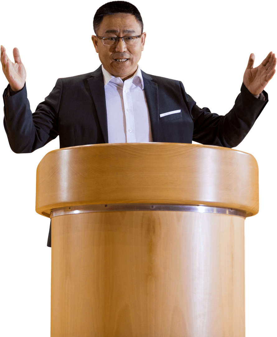 Businessman Giving Enthusiastic Speech at Transparent Podium