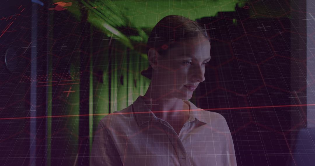 Female IT Professional in Server Room with Data Visualization Overlay