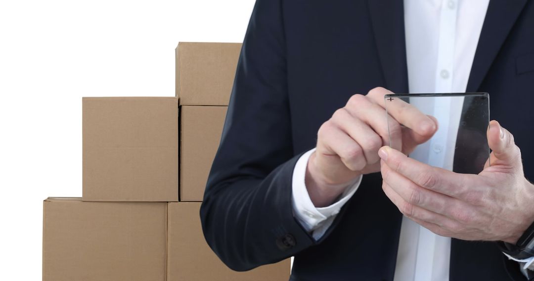 Businessman Using Futuristic Transparent Tablet with Cardboard Boxes